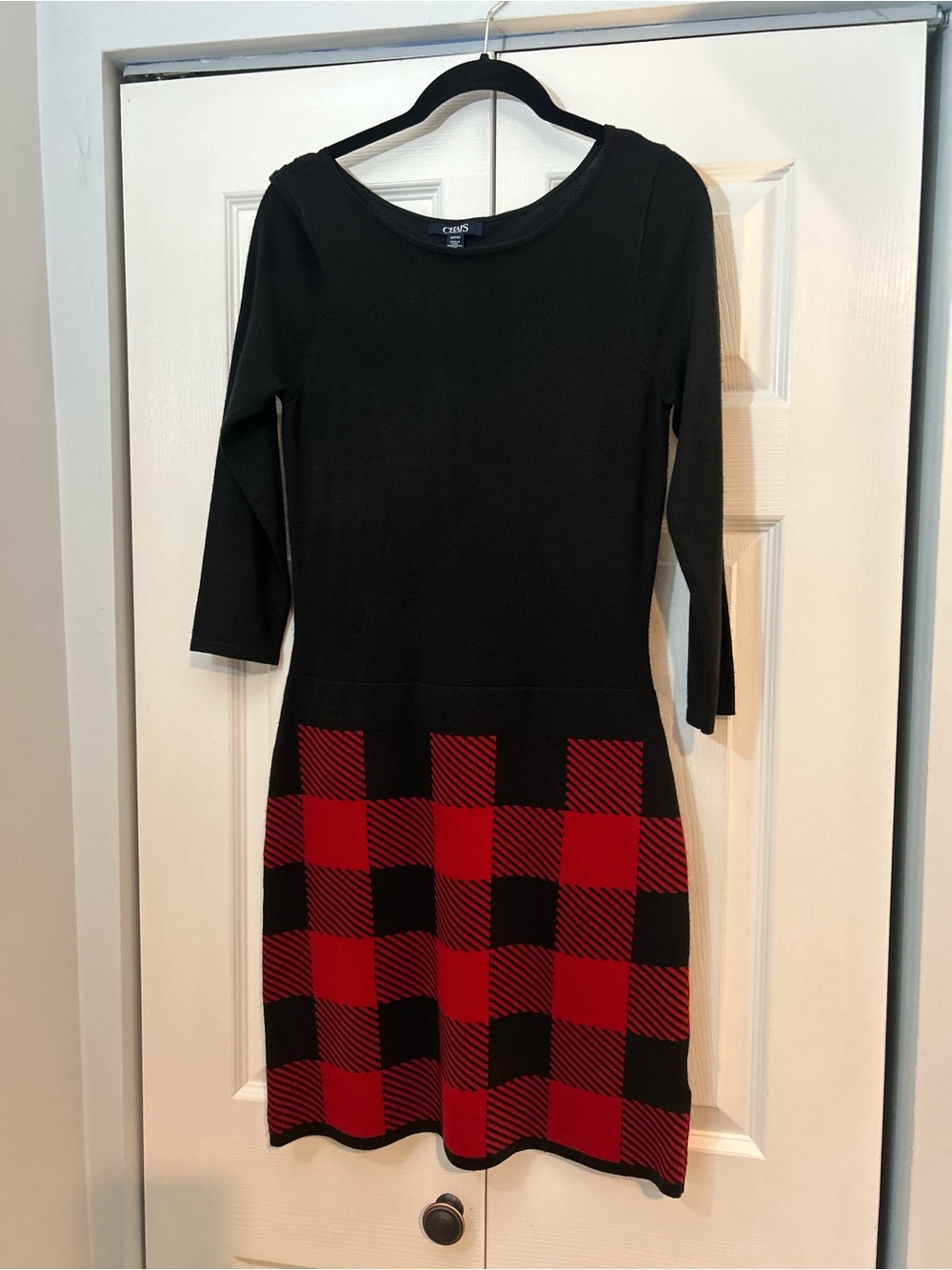 Chaps Buffalo Plaid Sweater Dress Red Black Knit Midi Dress Size S
